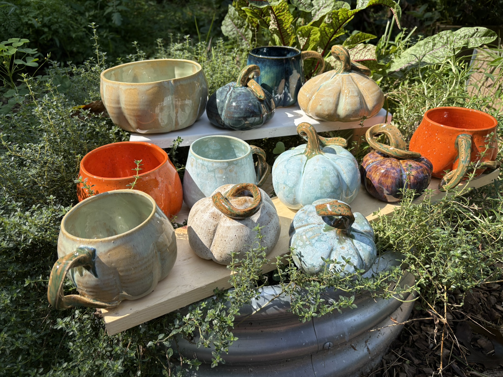Colorful handmade ceramic pumpkins and mugs displayed among garden herbs