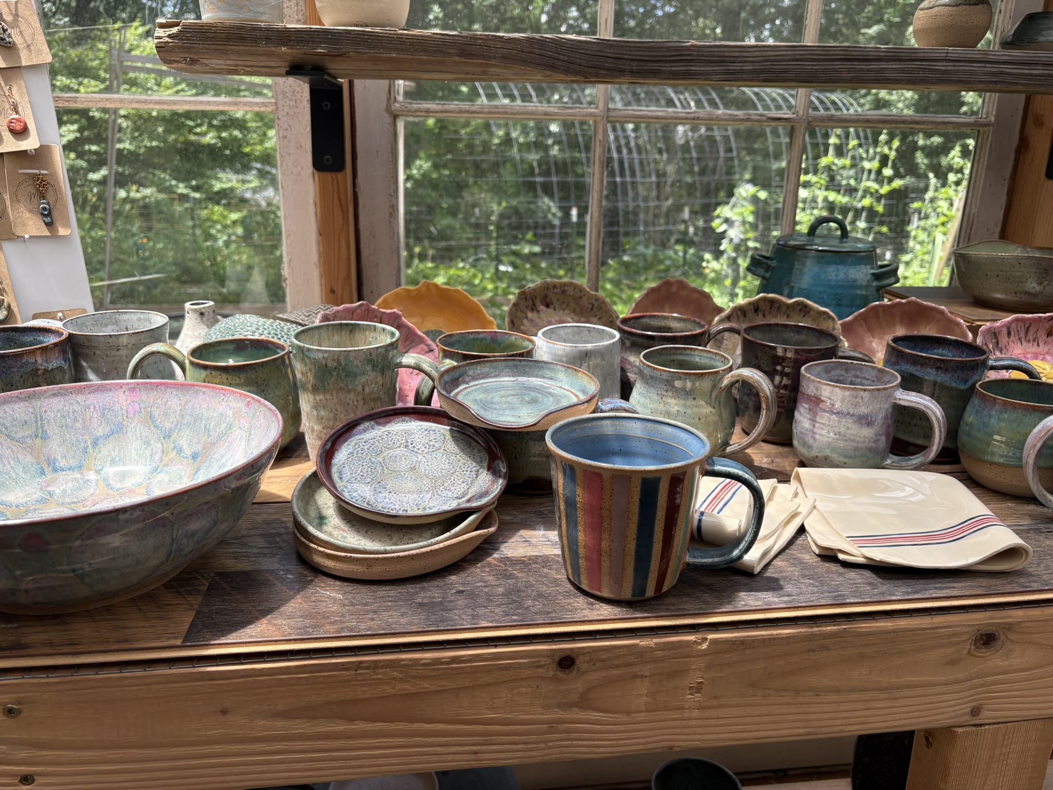 Handmade mugs, bowls, and plates displayed in front of greenhouse windows